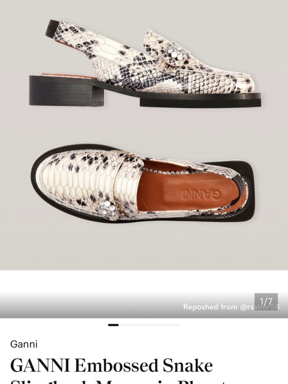 Ganni White/Black Embossed Snake Slingback Loafers with Jewel